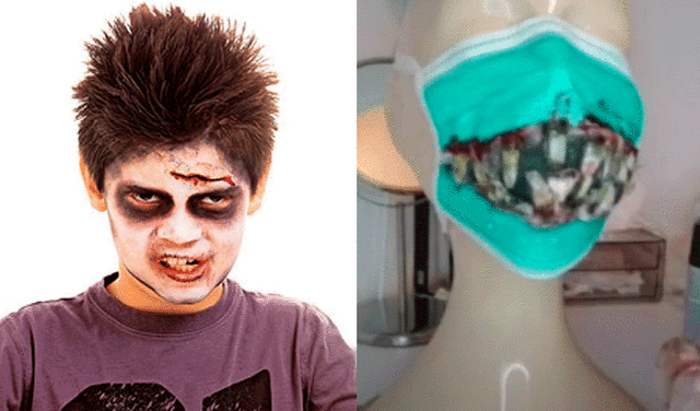El maquillaje de zombi y la mascarilla con los dientes "salidos". Foto: Composición / Charhadas / YouTube.