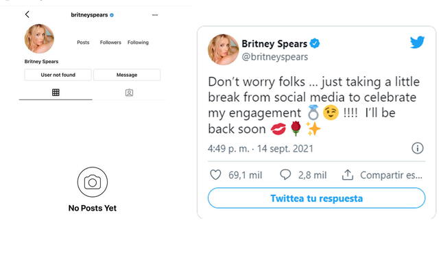 14.9.2021. Captura de la cuenta inactiva de Britney Spears en Instagram, y captura de mensaje en Twitter. Foto: captura Britney Spears / Instagram / Twitter