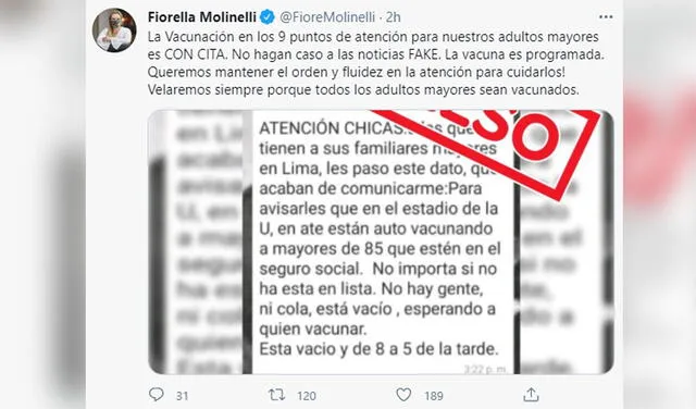 Tweet de Fiorella Molinelli. Foto: Twitter