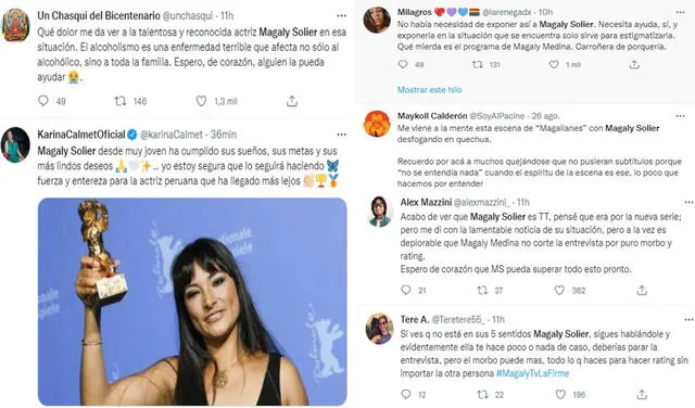 Usuarios en redes expresan su apoyo a Magaly Solier tras entrevista con Magaly Medina. Foto: captura/Twitter