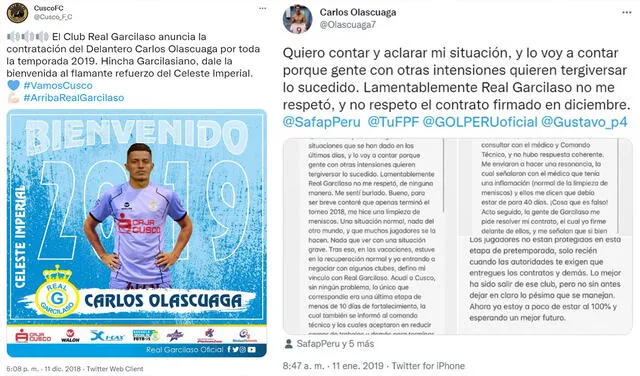 Garcilaso anunció a Olascuaga, pero el jugador denunció que fue presionado para rescindir contrato al poco tiempo. Foto: captura de Twitter