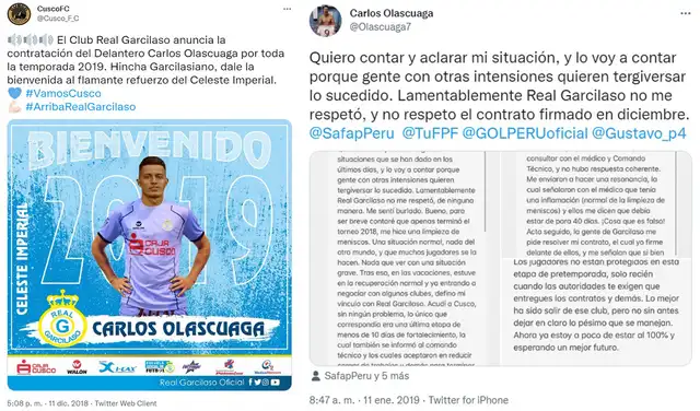Garcilaso anunció a Olascuaga, pero el jugador denunció que fue presionado para rescindir contrato al poco tiempo. Foto: captura de Twitter