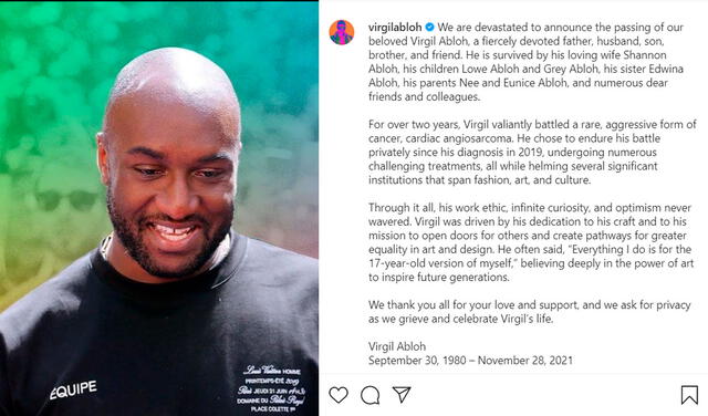 28.11.2021 | Publicación anunciando la muerte de Virgil Abloh. Foto: captura Virgil Abloh/Instagram