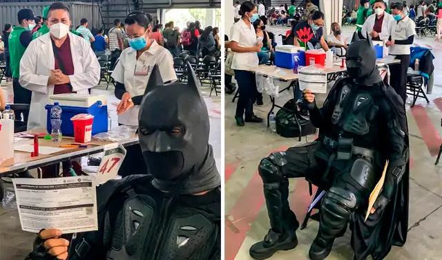Hombre acude a centro de vacunación disfrazado de Batman