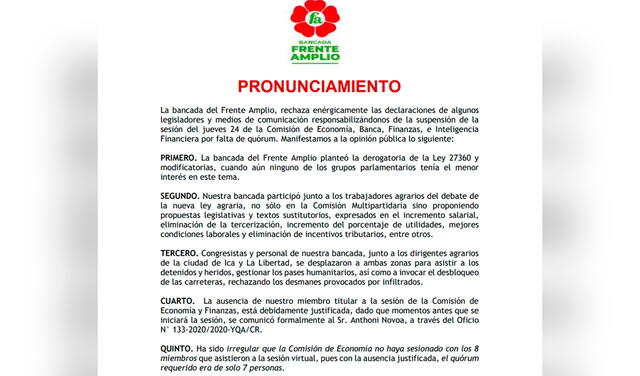 Frente Amplio rechaza ser responsable de la suspensión de la sesión de Economía