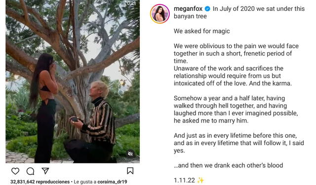 12.1.2022 | Publicación de Megan Fox anunciando su compromiso con Machine Gun Kelly. Foto:  Megan Fox/Instagram