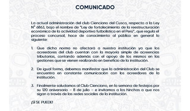 Comunicado de Cienciano del Cusco