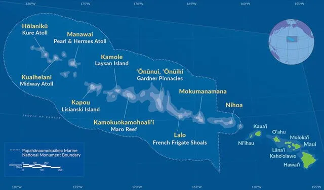 El Monumento Nacional Marino  Papahānaumokuākea es una cadena de volcanes submarinos que se encuentra al noreste de las islas de Hawai. Foto: WikiCommons