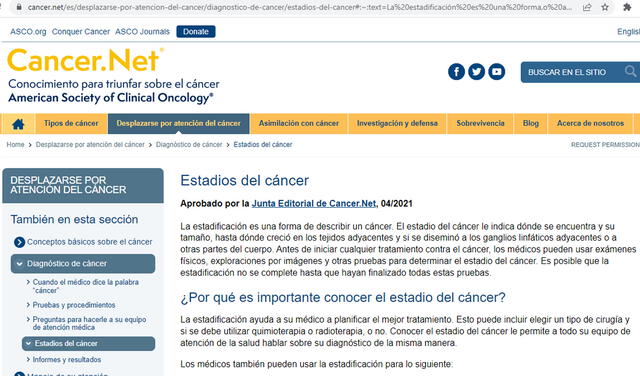Estadios del cáncer. Foto: captura en página web / Cancer.net.