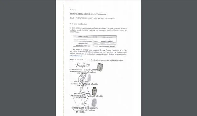 Documento de presentación de lista presidencial alterna del Partido Morado. Foto: Captura.
