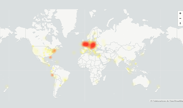 Principales países afectados por la caída de Facebook. Foto: DownDetector