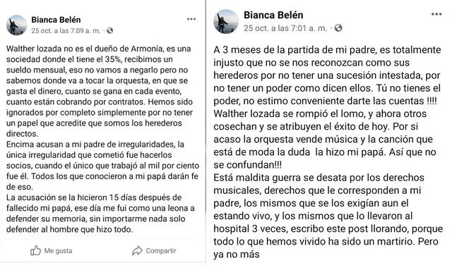 Publicaciones de Bianca Belén, hija de Walther Lozada, contra la administración de Armonía 10. Foto: captura Bianca Belén/Facebook