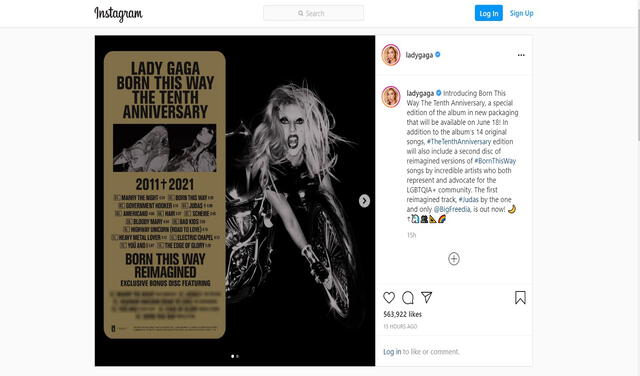 Lady Gaga anuncia reedición de su álbum "Born this way" por el décimo aniversario de su lanzamiento. Foto: Instagram/@ladygaga