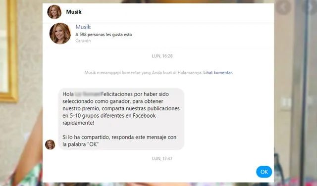 Es falso que la cantante Thalía regale dinero en Facebook: es phishing. Foto: captura en Facebook.