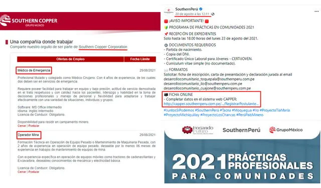 La página web de la minera Southern Perú no muestra las ofertas de empleo que se refieren en la página falsa del MTPE. Foto: composición LR / página web y Facebook de Southern Perú