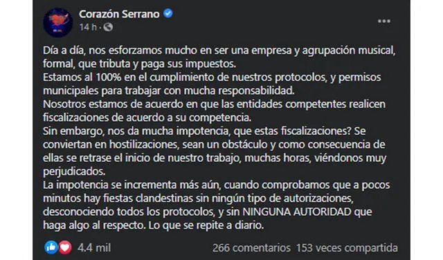 28.8.2021 | Post de Corazón Serrano sobre fiscalizaciones. Foto: captura Corazón Serrano / Instagram