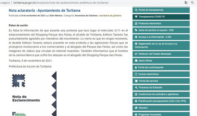 Comunicado. Foto: captura en web / Municipio de Toritama.