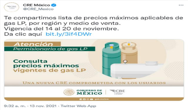 El órgano regulador ya difundió la lista de precios máximos aplicables de gas LP. Foto: @CRE_Mexico/Twitter