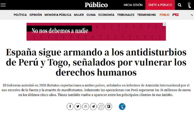 La noticia de Público sobre la compra de antidisturbios por parte de Perú.  Foto: captura de pantalla