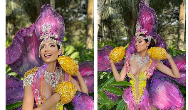 La orquídea inspiró el traje que lució Diana Sánchez, Miss San Martín 2021. Foto: Miss Perú / Facebook