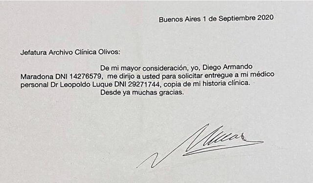 Documento hallado en casa de Luque. El médico presentó esta supuesta autorización para solicitar una historia clínica de su paciente. Foto: Infobae