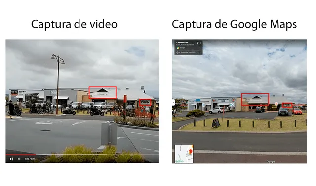 Comparación de las imágenes del video con las de Google Maps. En rojo las similitudes. Composición LR en base a video de Youtube e imagen de Google Maps