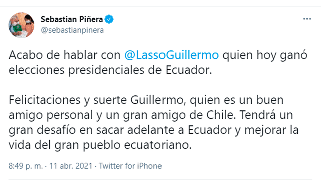 “Felicitaciones y suerte Guillermo, quien es un buen amigo personal y un gran amigo de Chile", sostuvo Piñera. Foto: captura