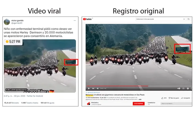 Comparación entre el video viral y la caravana de Bolsonaro en Sau Paolo. Composición LR. Video: Twitter y Youtube respectivamente
