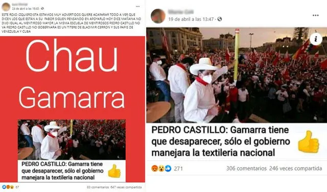 Publicaciones dicen que Pedro Castillo manifestó que “Gamarra tiene que desaparecer”. Foto: captura en Facebook.