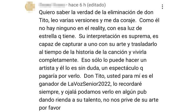 17.10.2022 |Comentario tras la eliminación de Tito Bravo en "La voz senior". Foto: captura Latina/YouTube