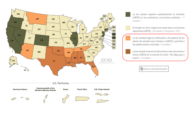Gráfico de MAP según las políticas de cada estado en torno a la representación de la comunidad LGBTQ. Gráfico: MAP