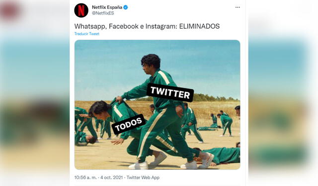 Netflix comparte meme de Squid game ante la caída mundial de Whatsapp, Facebook e Instagram