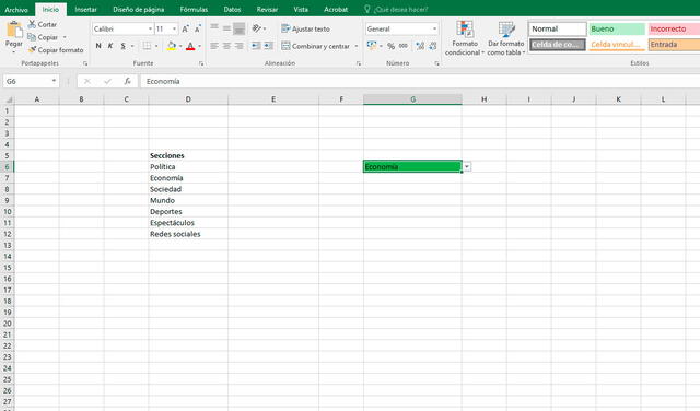 Pasos para crear una lista desplegable con colores en Excel. Foto: captura