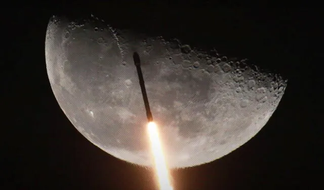 Un cohete Falcón 9 de SpaceX pasando por encima de la Luna. Foto referencial: YouTube / Trevor Mahlmann