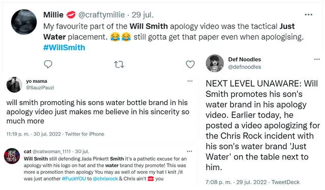 Usuarios criticaron la presencia de la botella de agua en las disculpas de Will Smith a Chris Rock. Foto: captura Twitter