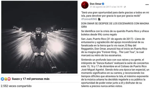 31.8.2017 | Don Omar anuncia su retiro. Foto: captura Facebook