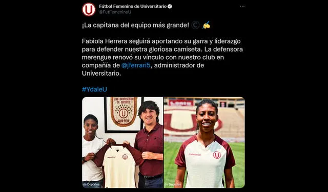 Así anuncio la 'U' la renovación de Fabiola Herrera. Foto: captura Universitario de Deportes twitter