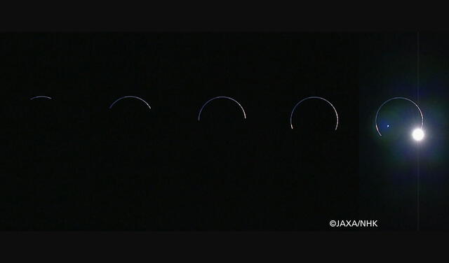 Secuencia de imágenes captada por Kaguya. De izquierda a derecha, la Tierra asciende sobre la superficie lunar. Fotos: JAXA