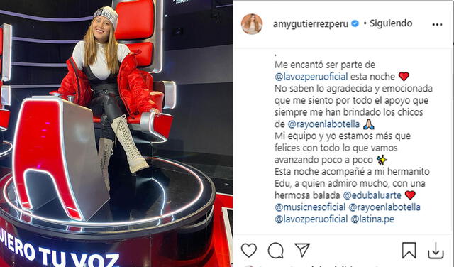 13.8.2021 | Post de Amy Gutiérrez tras cantar en La voz Perú junto a  Edu Baluarte. Foto: captura  Amy Gutiérrez / Instagram
