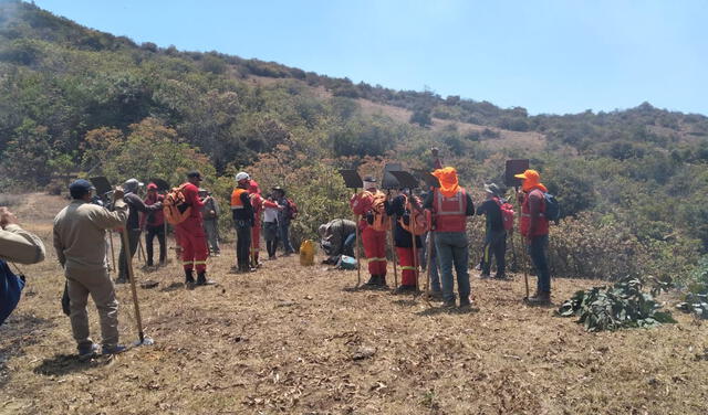 Bomberos con sus implementos se preparan para combatir el fuego. Foto: GORE