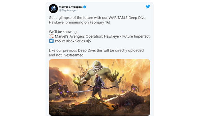 Una de las sorpresas será una expansión protagonizada por Hawkeye. Foto: captura de Twitter