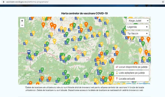 Puntos de vacunación en Rumania. Foto: captura de la plataforma.