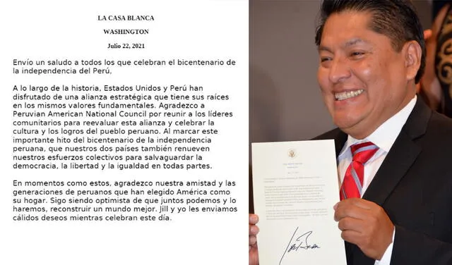 Mensaje del presidente Biden fue traducido al español para ser leído ante los peruanos residentes en EE.UU. Foto: PANC