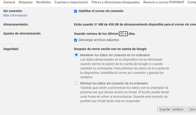 Así luce la función trabajar sin conexión de Gmail. Foto: La República