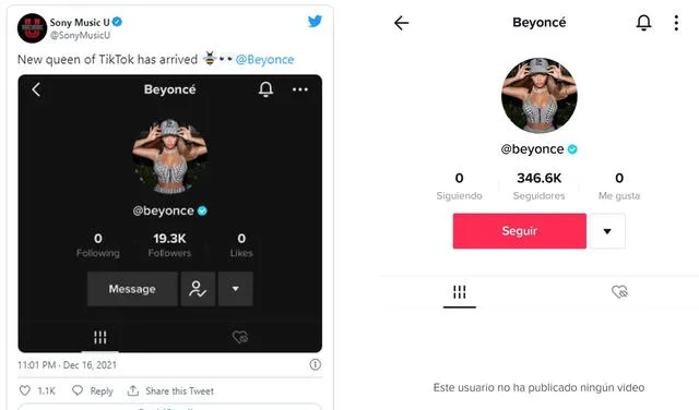 16.12.2021 | Tuit de Universal Music confirmando la cuenta de Beyonce en TikTok. Foto: captura Universal Music U/Beyonce/Twitter/TikTok