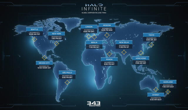 Visualiza en este mapa la hora de estreno de Halo en cada región del mundo. Foto: Twitter