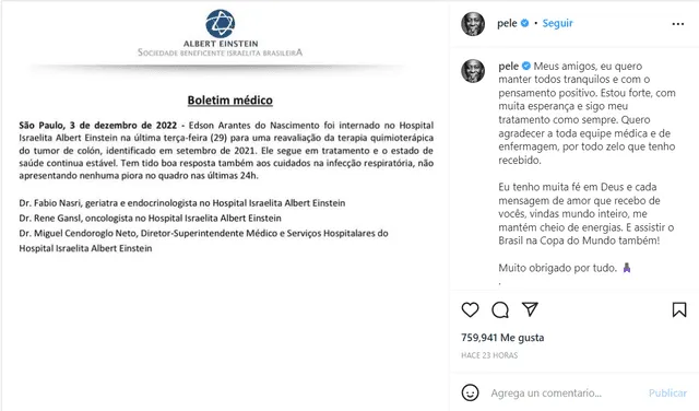 Publicación del Instagram de 'Pelé'