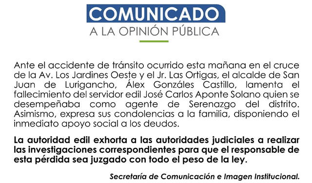Comunicado de la Municipalidad de San Juan de Lurigancho.