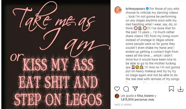 17.7.2021 | Primera parte del Post de Britney Spears anunciando que renuncia a su carrera artística. Foto: captura Britney Spears / Instagram
