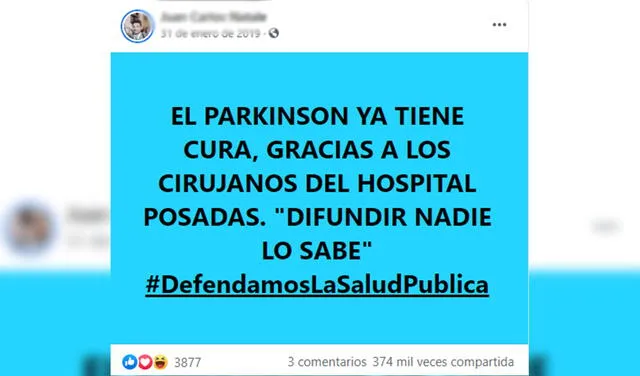Es falso que existe una cura para la enfermedad de Parkinson. Foto: captura en Facebook.